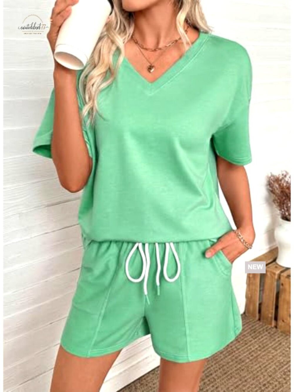 Women's V-Neck Short Sleeve Tee and Drawstring Shorts Set with Pockets - Picture 2 of 7